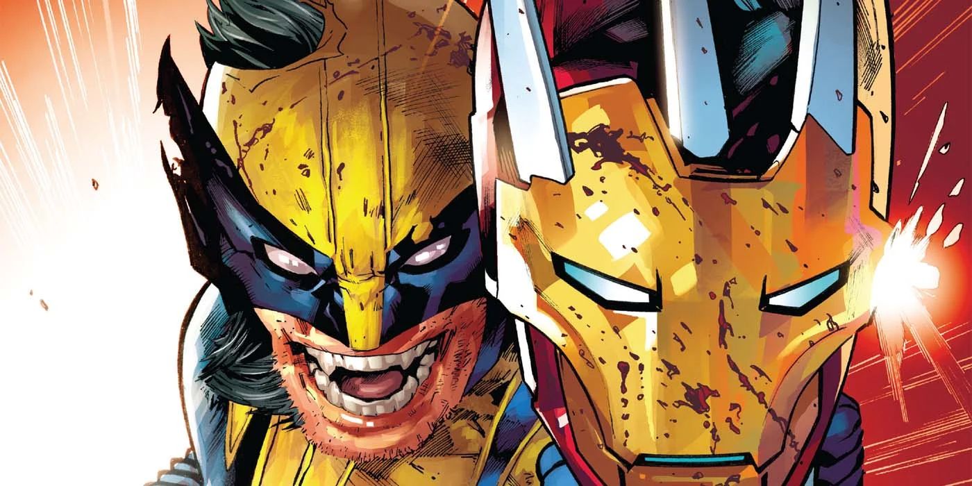 Wolverine laughs menacingly and shows off Iron Man's bloody helmet on his claws