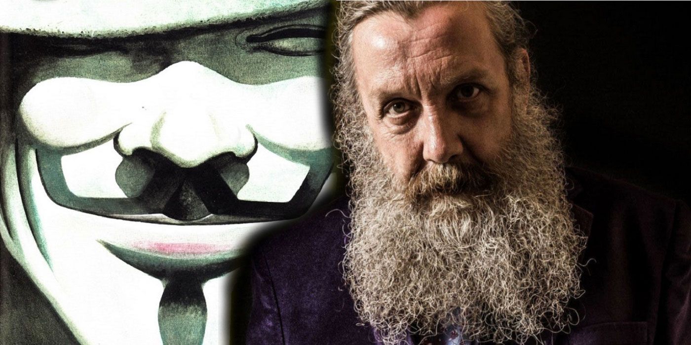 alan moore in front of a v mask
