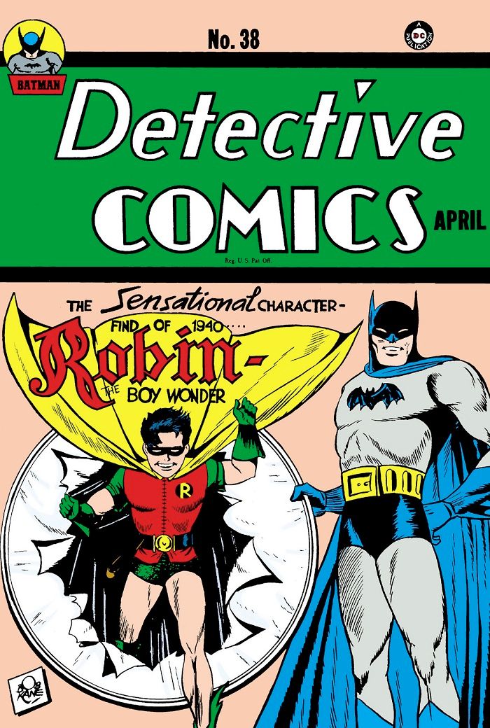 Robin jumps through a white paper ring Batman holds up on the cover of Detective Comics #38