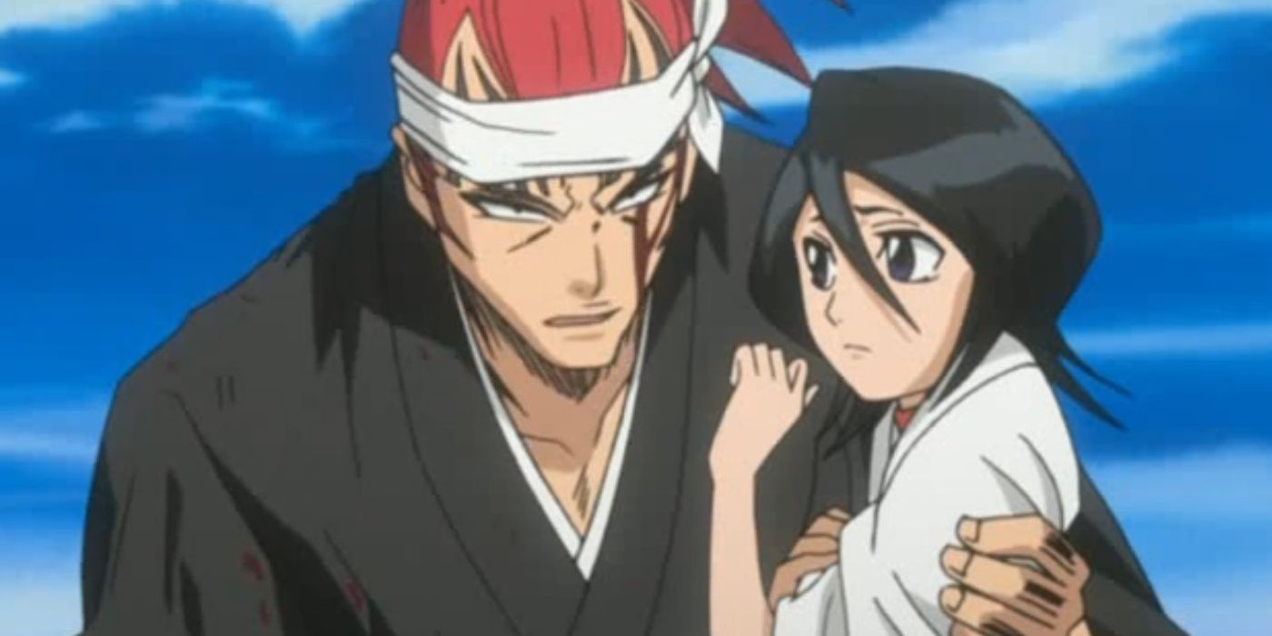 Renji holds Rukia in Bleach.