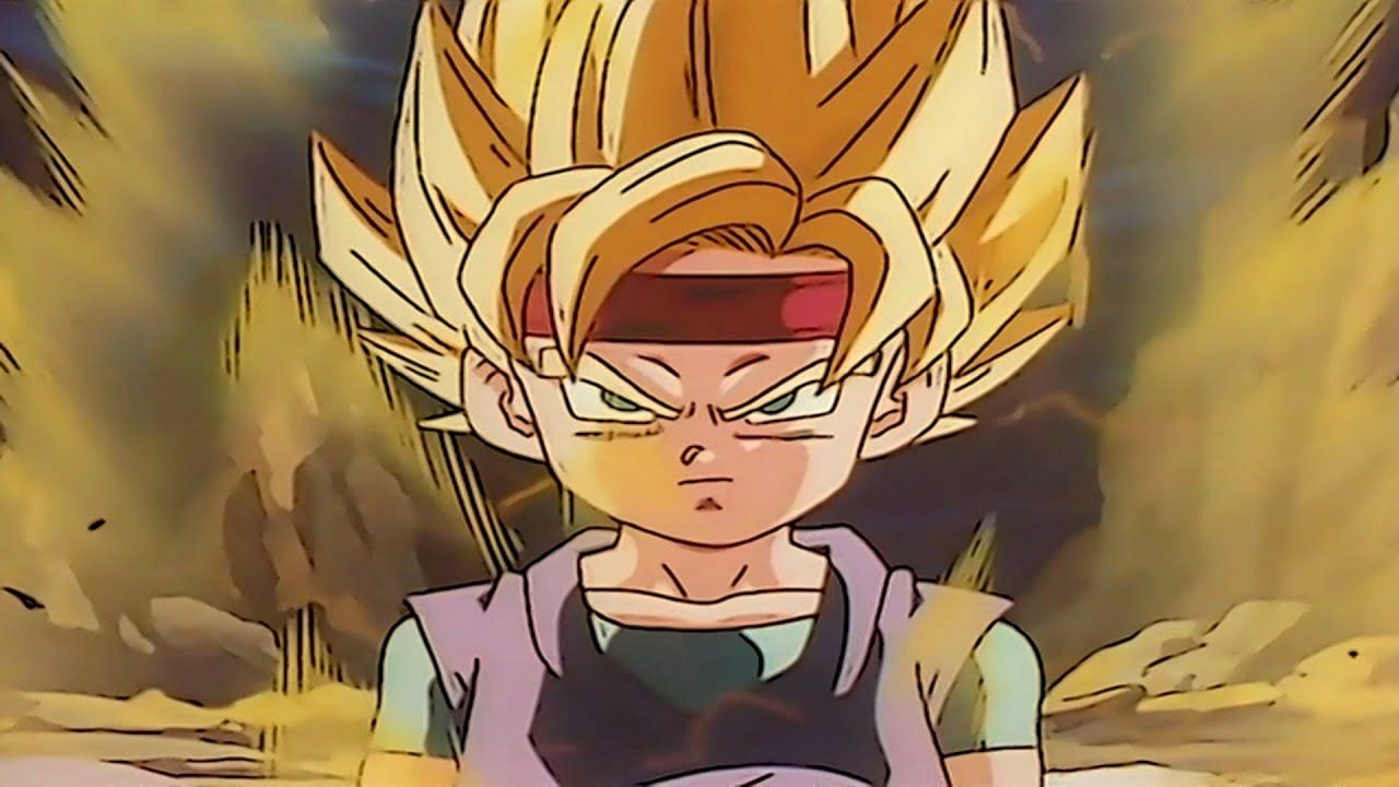 In Dragon Ball GT, golden energy glows around Goku, Jr. while he's in his Super Saiyan transformation