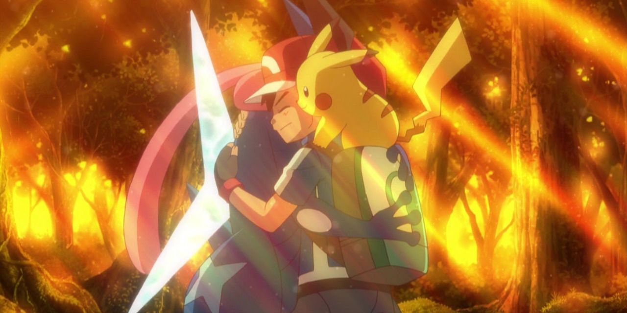Ash and Greninja hugging and saying goodbye in Pokemon