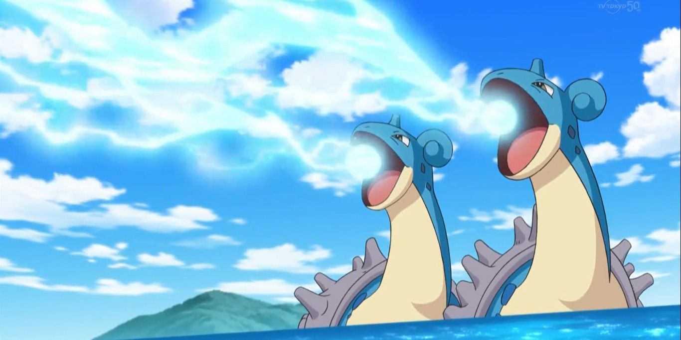 Two Lapras attacking with ice beam in the Pokemon anime