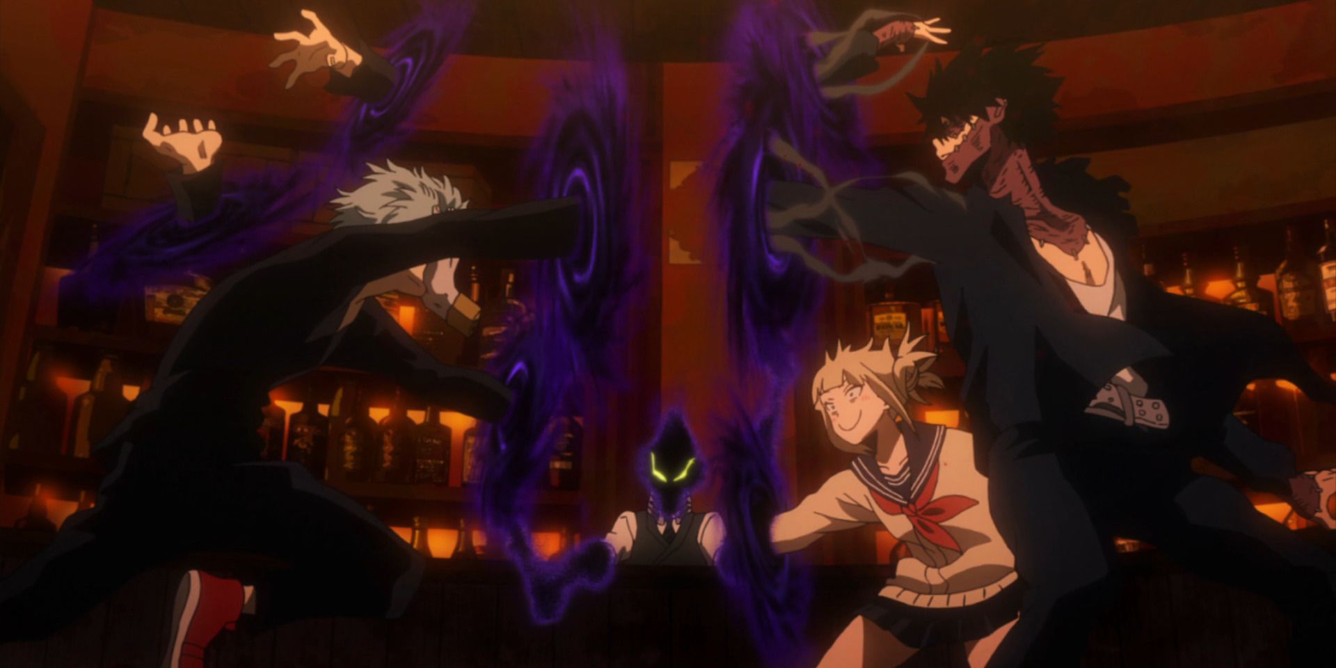 Kurogiri stops Shigaraki, Toga, and Dabi from fighting after they first meet 