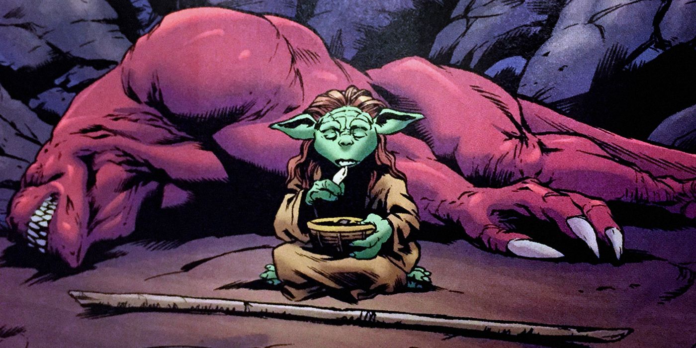 Yaddle quietly eating a meal after killing a monster in the Star Wars comics