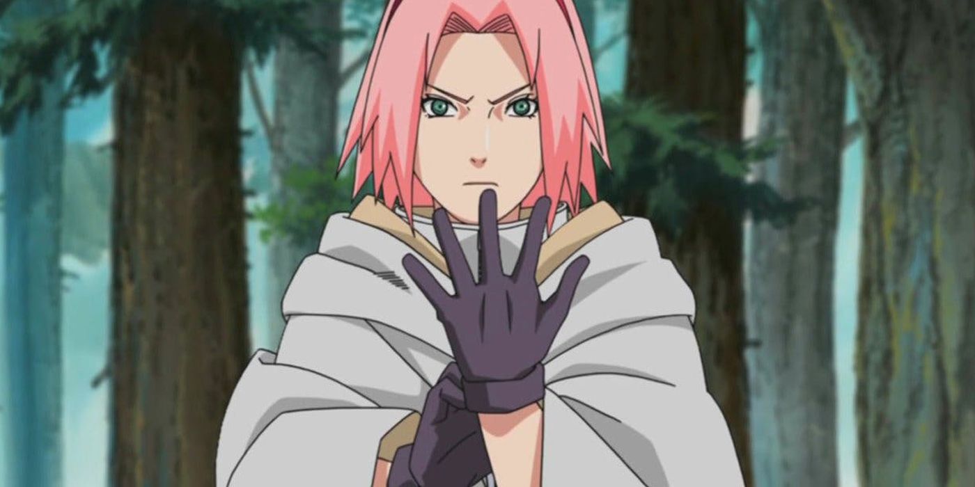 Sakura Haruno puts on gloves in Naruto Shippuden.