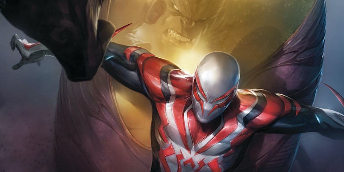 Spider-Man 2099 wearing his alternate costume that's mostly white and red