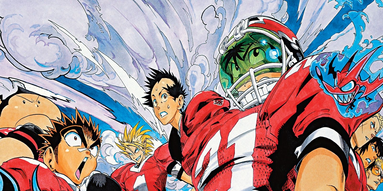 Main characters from Eyeshield 21 in uniform ready to play.