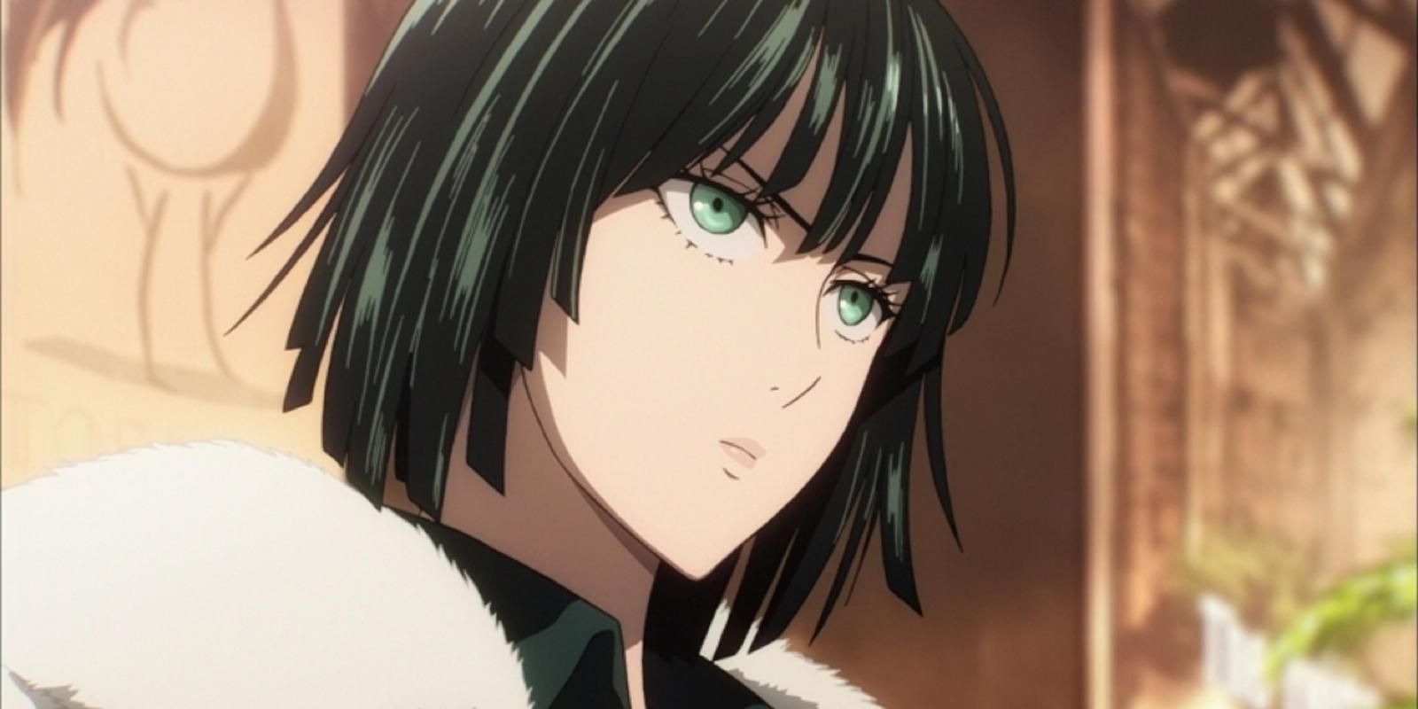 Fubuki from One-Punch Man with green eyes, staring off.