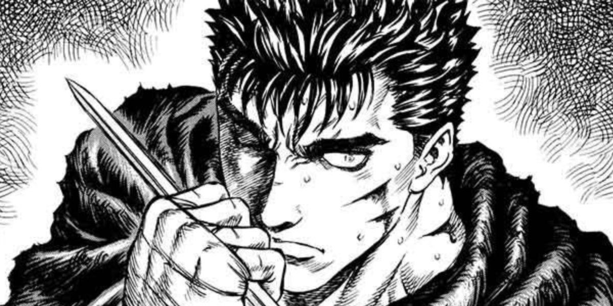 Guts looks at the horizon and wields his blade in the Berserk manga