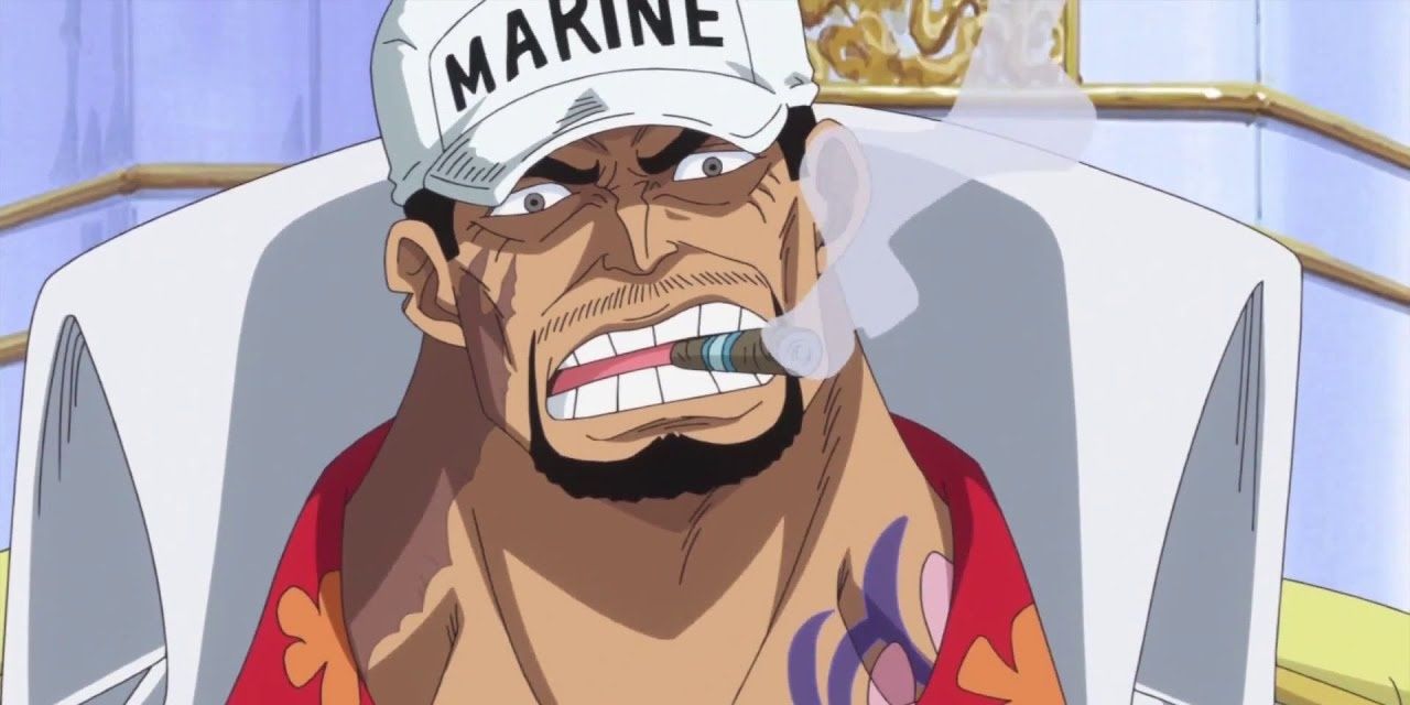 Akainu (aka Sakazuki) smoking a cigar after being crowned Fleet Admiral of the Marines in One Piece.