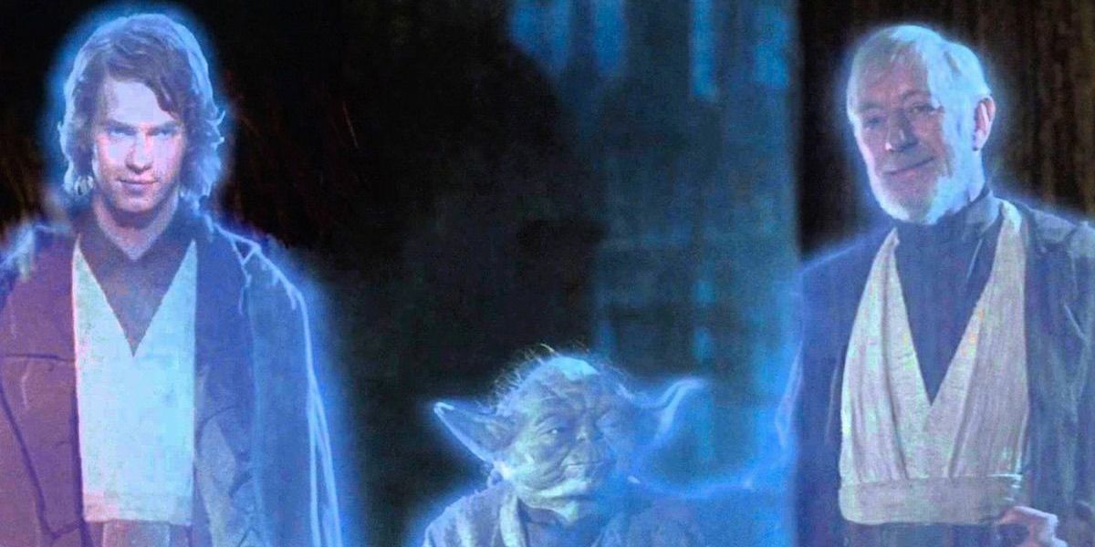 The force ghosts of Anakin Skywalker, Yoda and Obi-Wan Kenobi look on in approval. 