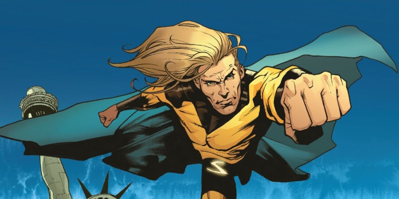 An image of comic art depicting The Sentry flying through the sky during Marvel's Annihilation storyline
