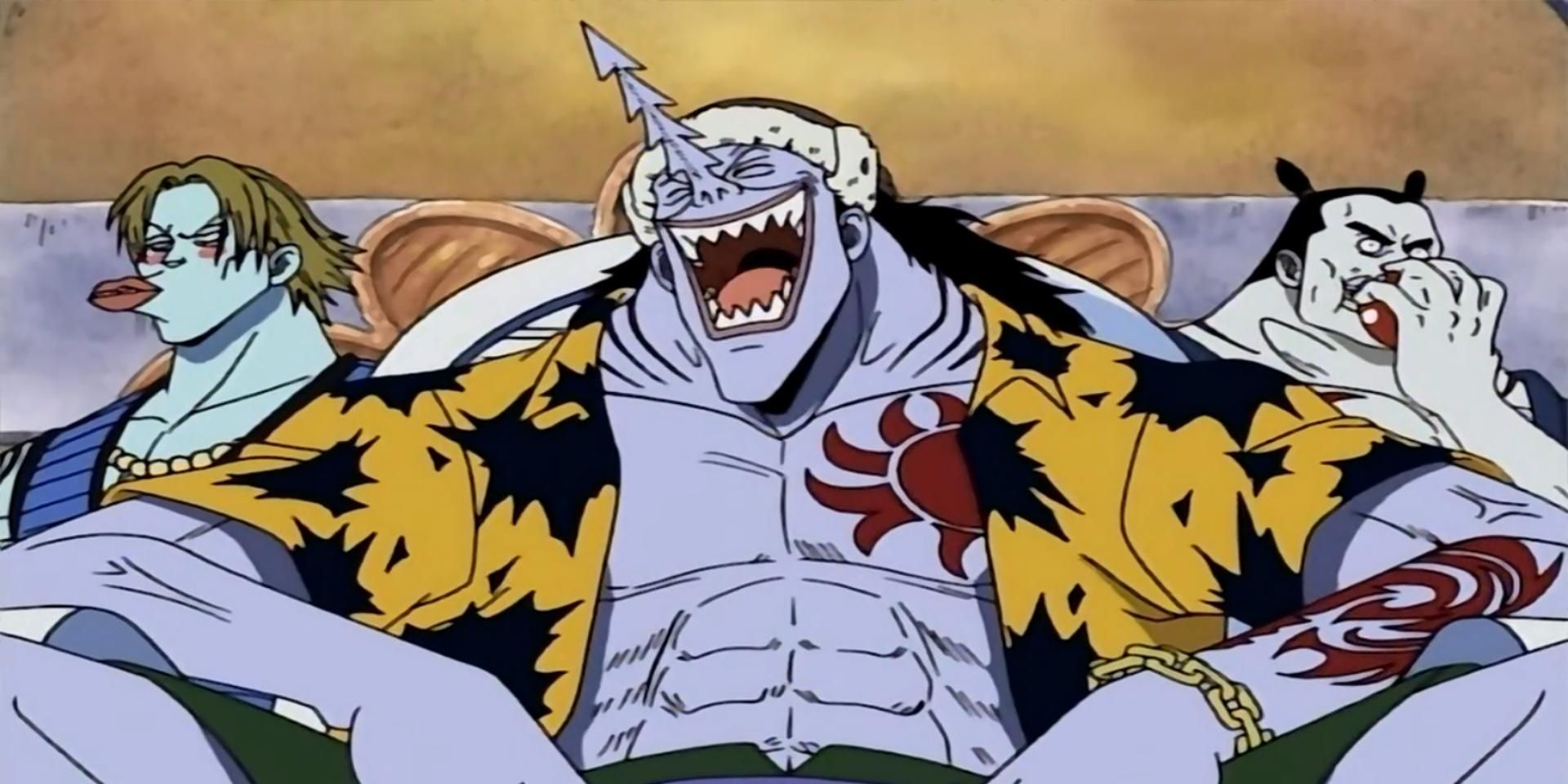Arlong and his subordinates chuckle during One Piece's Arlong Park arc