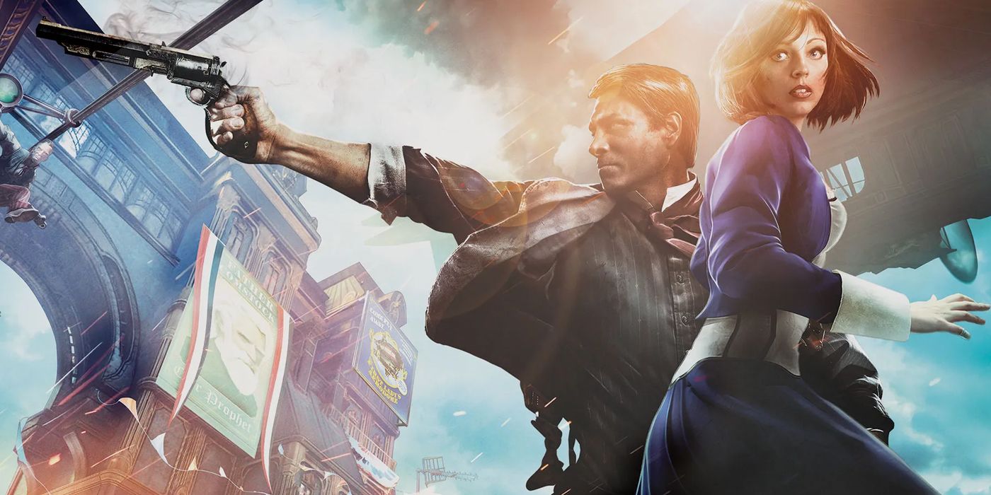 Booker DeWitt and Elizabeth on the cover of Bioshock Infinite game