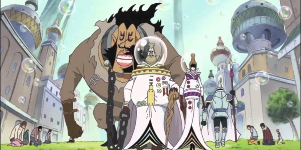 The Celestial Dragons dragging an enslaved person through the streets of One Piece's Saobody Island