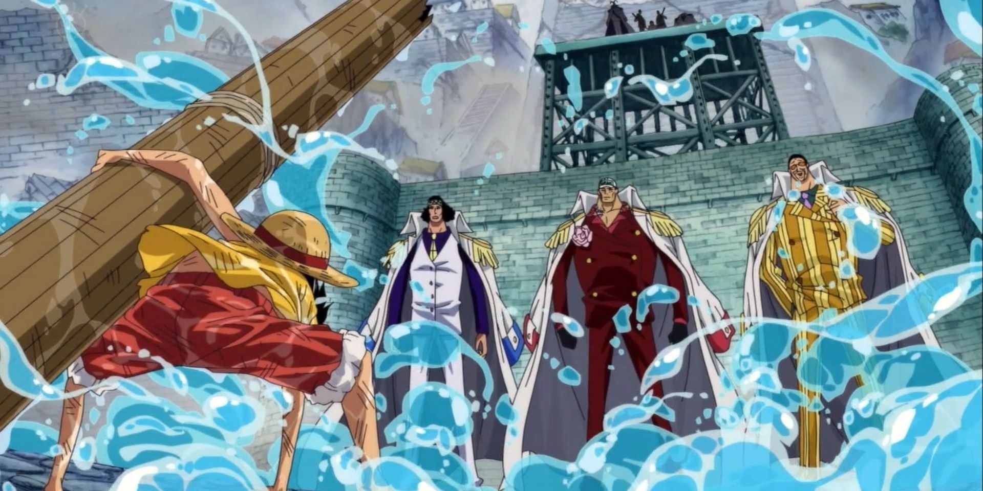 Luffy facing the three admirals of the Central Policing Force in One Piece.