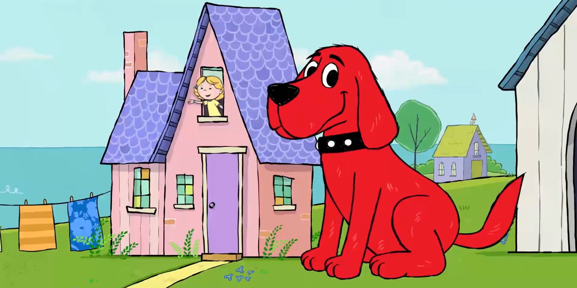 Clifford sits outside Emily Elizabeth's House,
