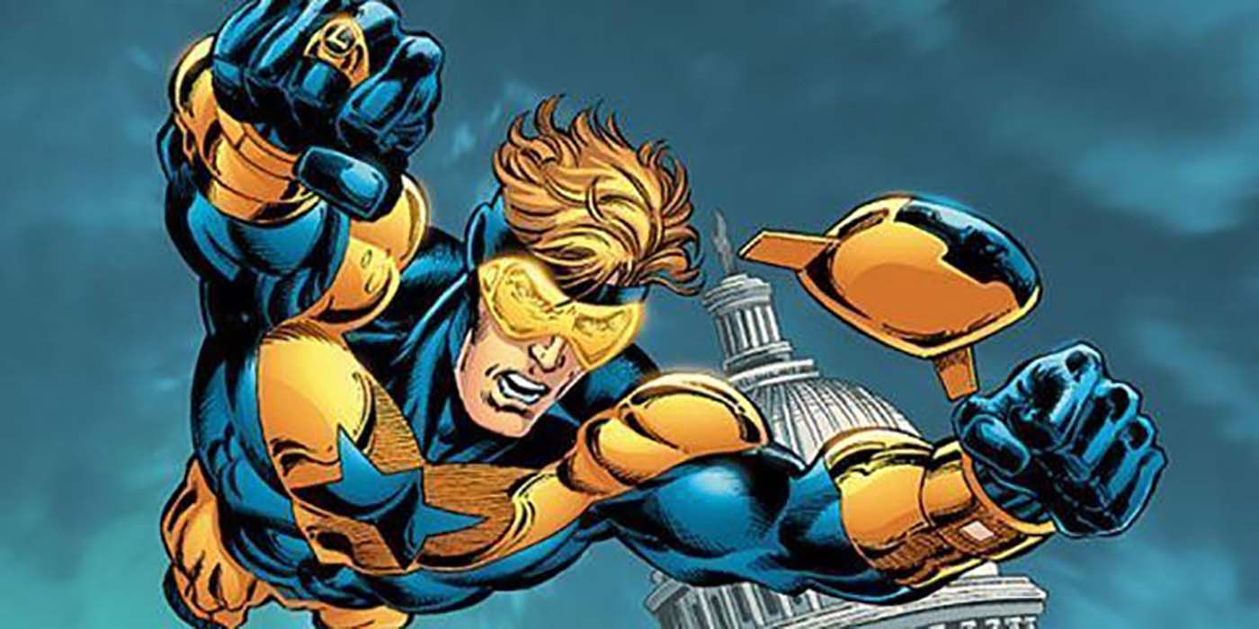 Booster Gold and Skeets fly through the sky in DC comics.