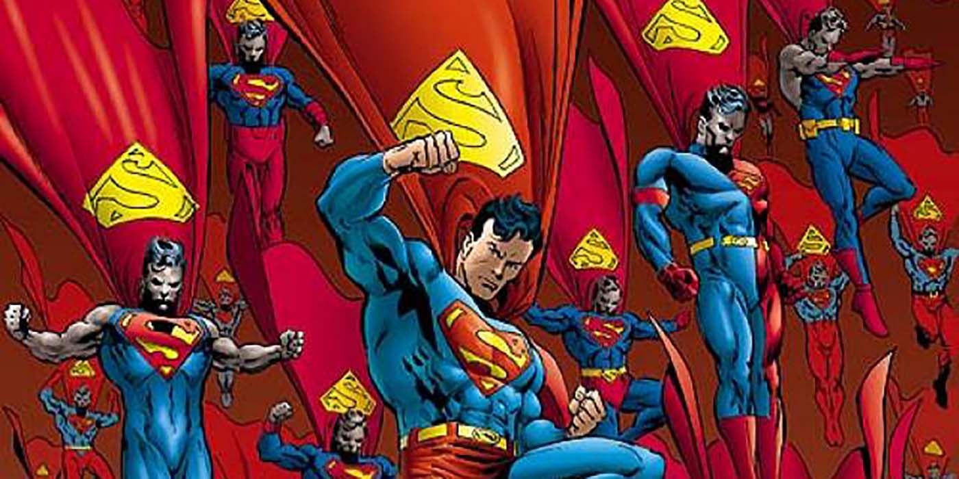 DC Comics' Superman and his Superman robots dropping into battle