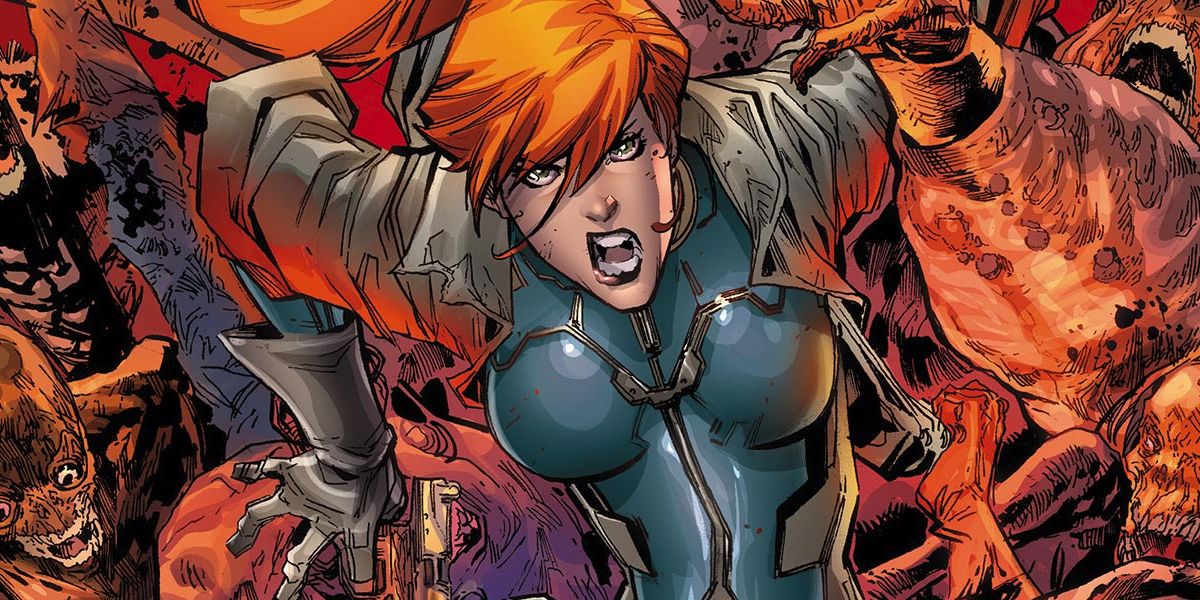 Elsa Bloodstone climbs over corpses in Marvel Comics