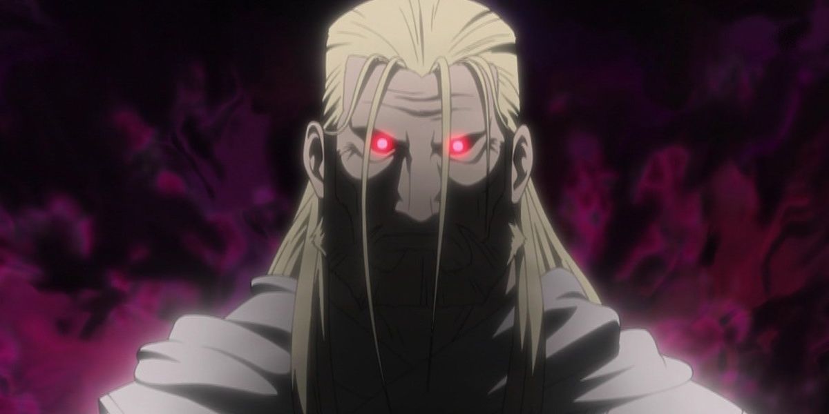 Father with glowing red eyes in Fullmetal Alchemist: Brotherhood.