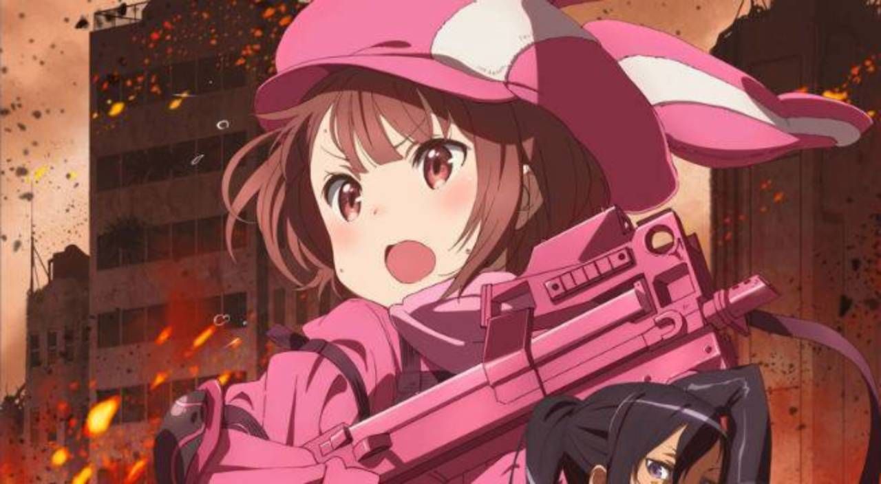 A girl in a pink outfit rushes into battle with a pink gun in Sword Art Online: Alternative Gun Gale Online