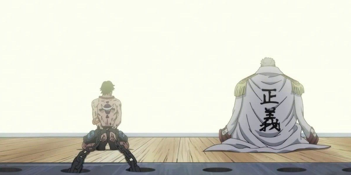 Garp et Ace dans One Piece assis dos au spectateur.