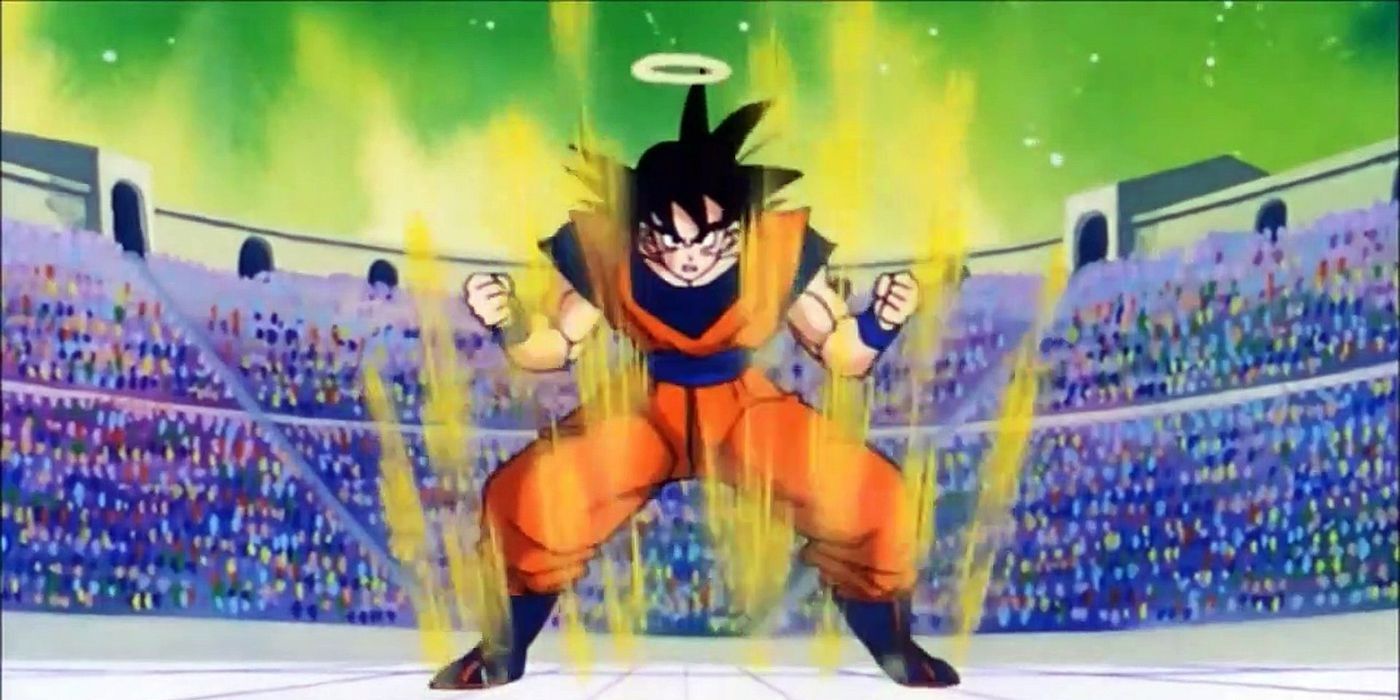 Goku powers up to Super Saiyan in the Other World tournament
