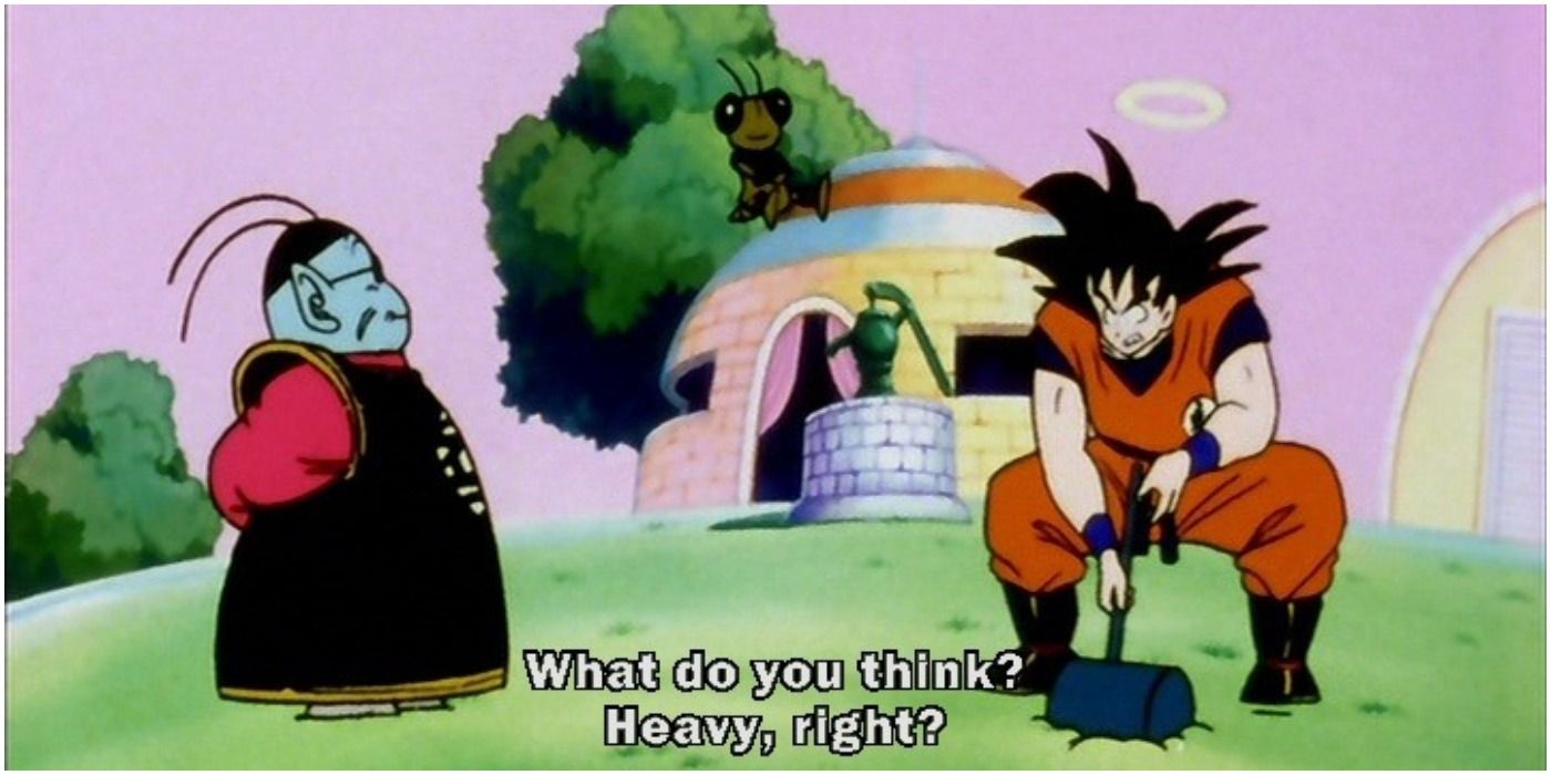 Goku Struggles to pick up a sledgehammer thanks to the gravity on King Kai's Planet