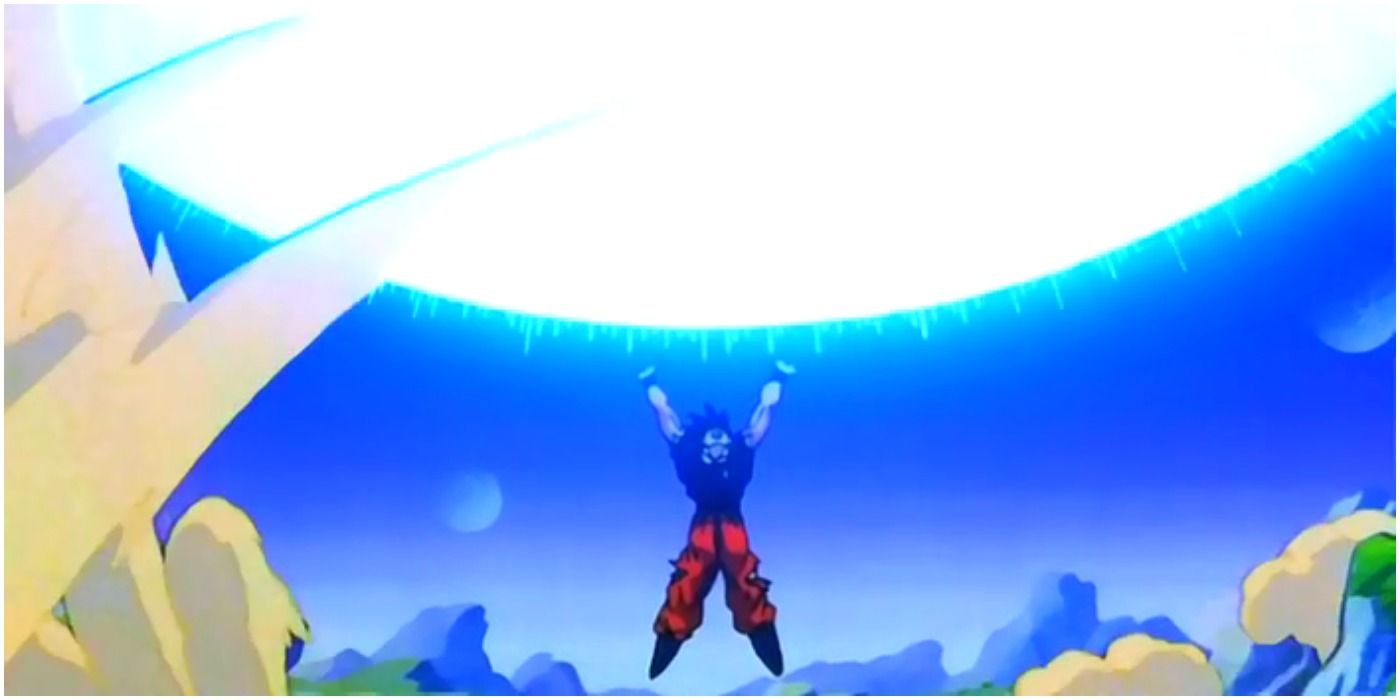 Goku collects energy for a Super Spirit Bomb in Dragon Ball Z