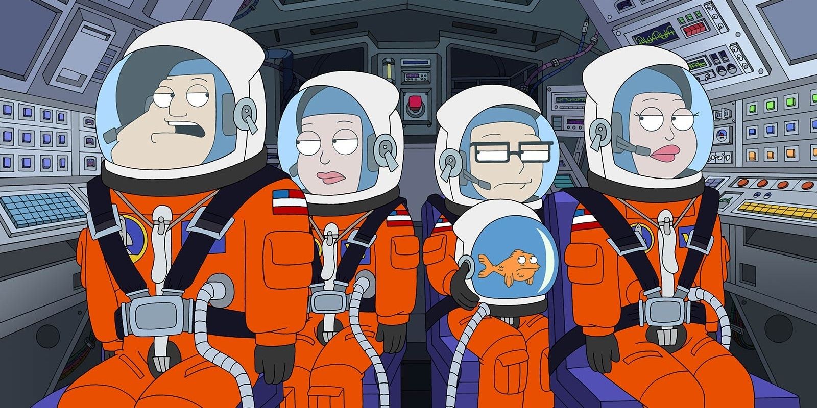 The Smith family in space suits, preparing for launch, in American Dad