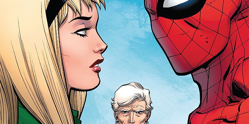 Gwen Stacy and Spider-Man look at each other with George Stacy in the background