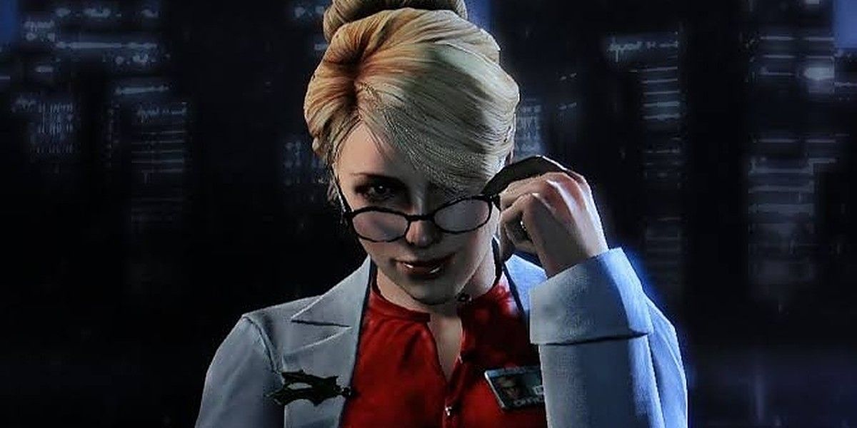 Harleen Quinzel adjusting her glasses in Batman: Arkham Origins