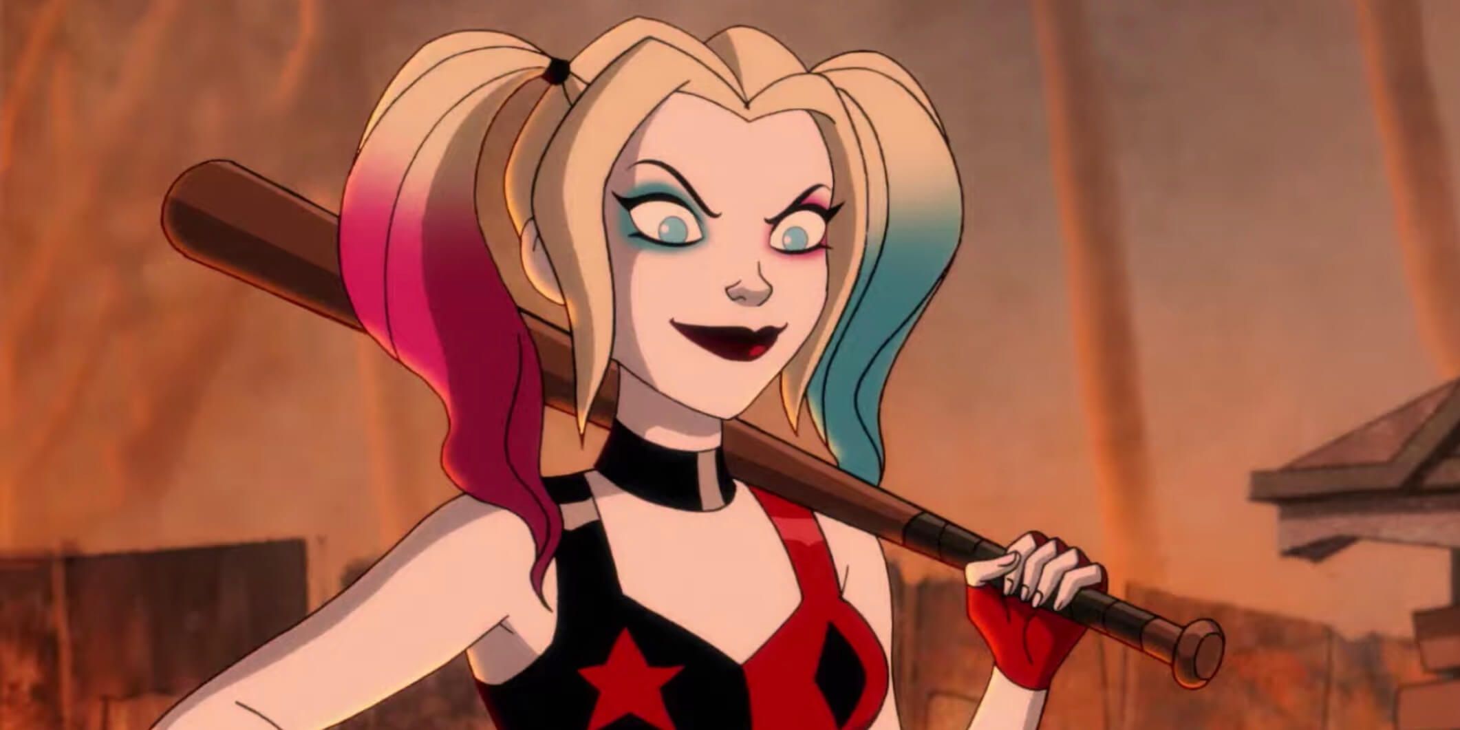 Harley Quinn holding a bat in her animated series