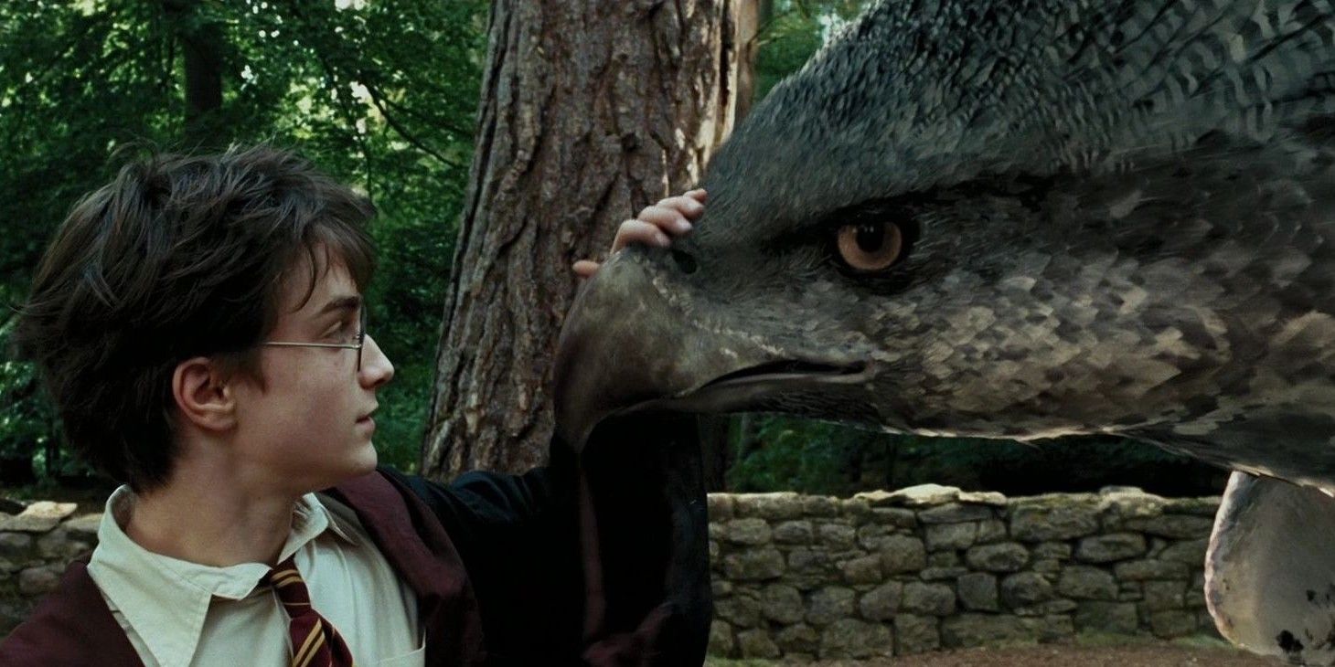 Harry Potter petting the Hippogriff Buckbeak
