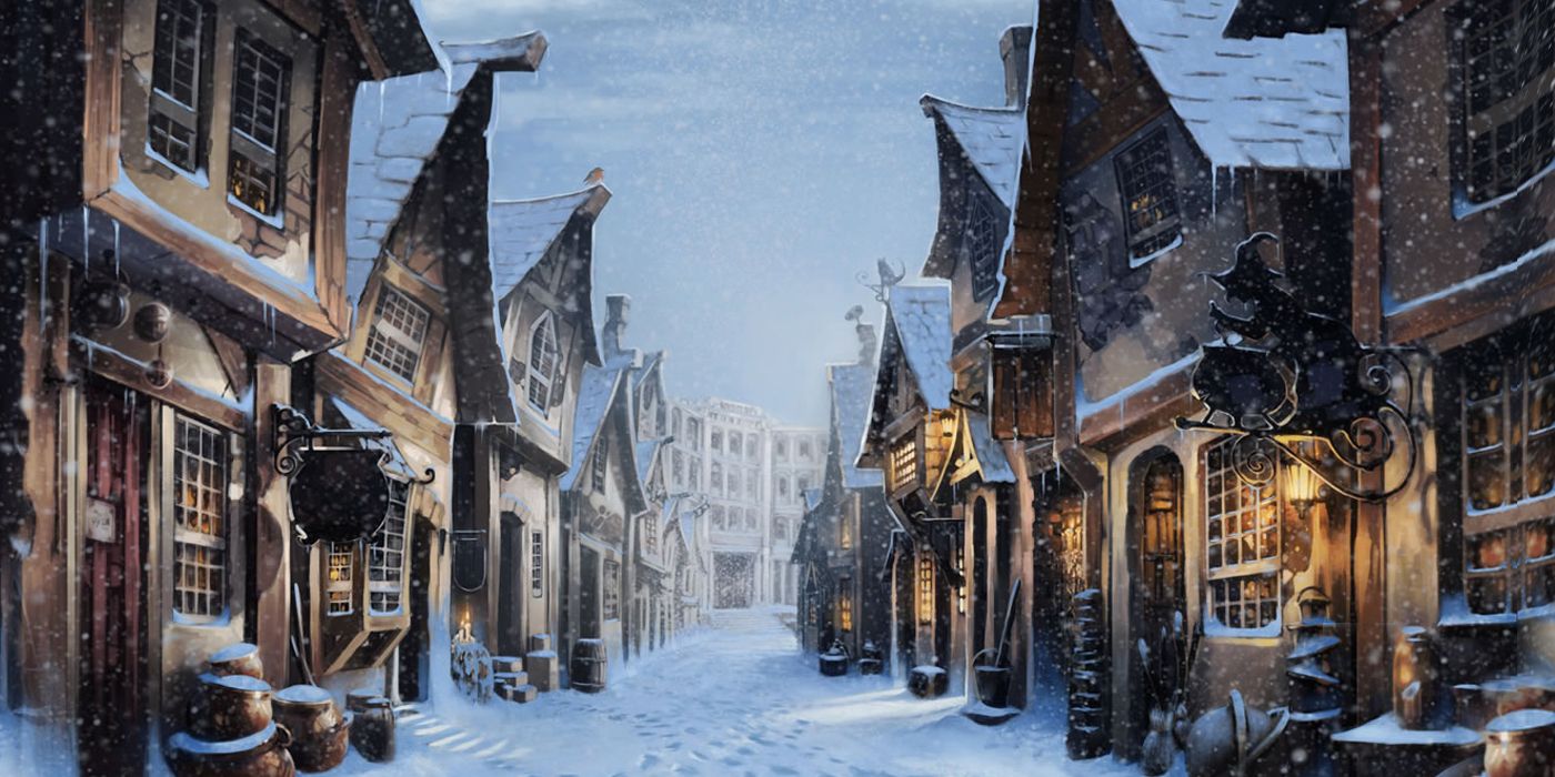 Art for a snow-covered village of Hogsmeade in Harry Potter