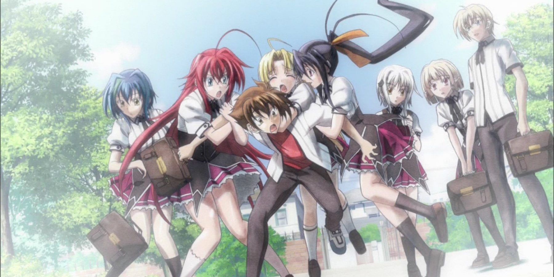 A High School DxD image shows Rias, Asia and Akeno wrap their arms around Issei