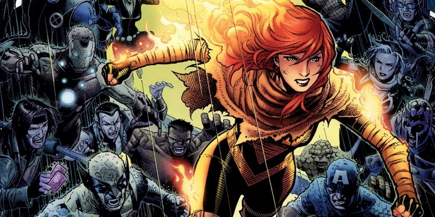 Hope Summers using the Phoenix Force to fly away from the X-Men and Avengers