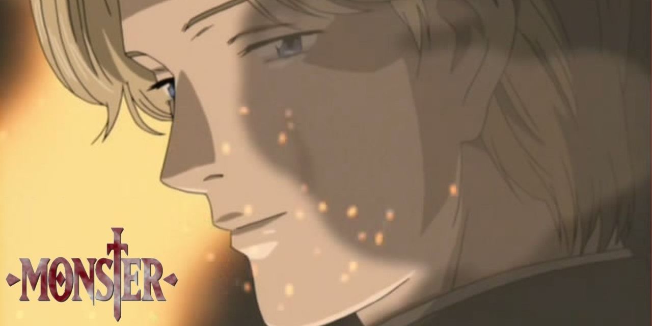 Johan Liebert with sparks of flame against his face as he looks over his shoulder