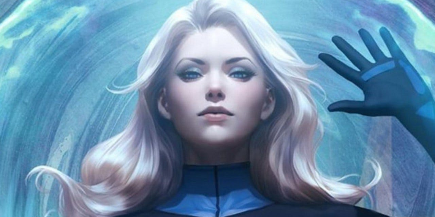 The Invisible Woman inside a force bubble in Marvel Comics