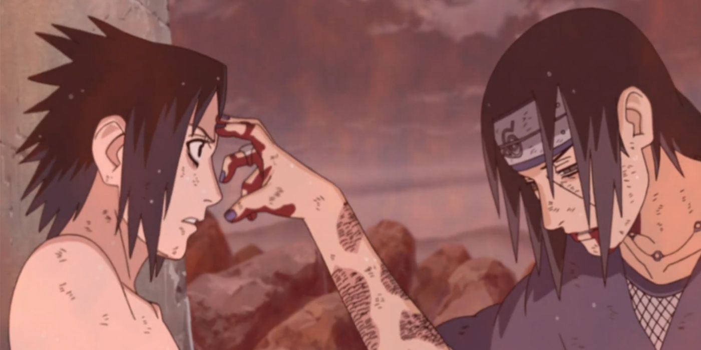 Itachi Uchiha touches Sasuke on the forehead following their fight in Naruto: Shippuden
