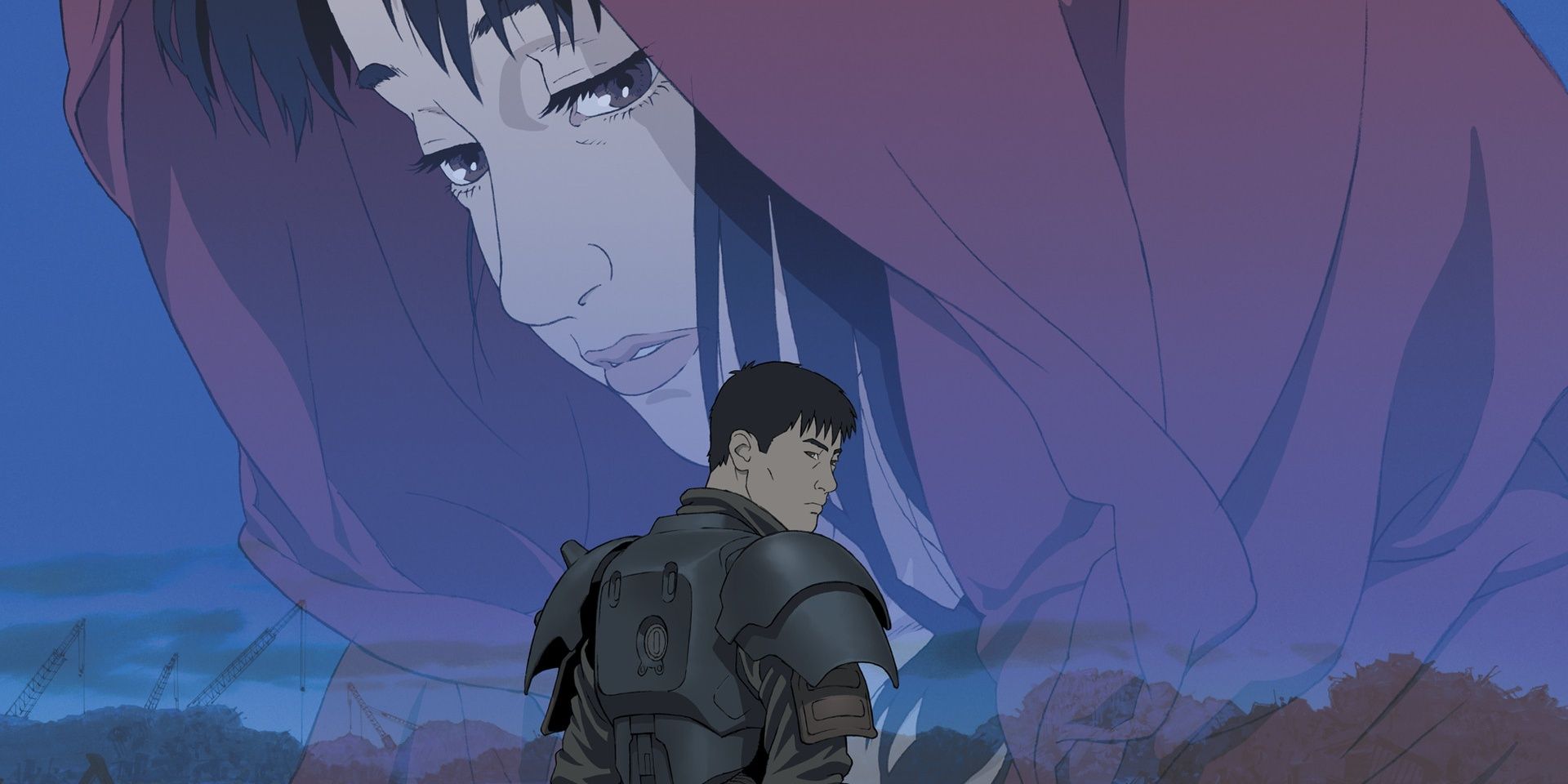 A man looking behind his shoulder while a woman looks down from the sky in Jin-Roh The Wolf Brigade.