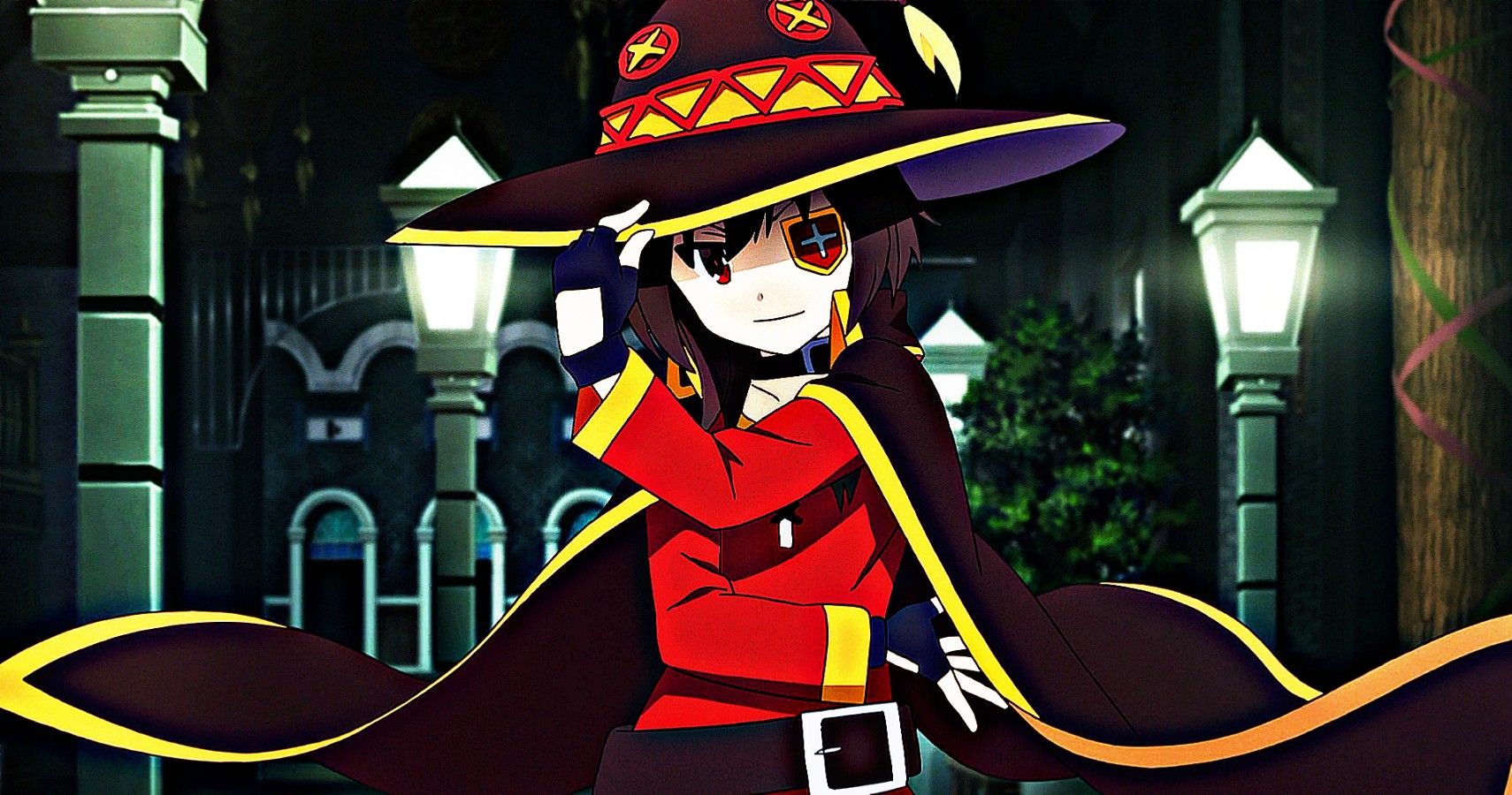 Megumin posing and wearing an eye patch from Konosuba. 