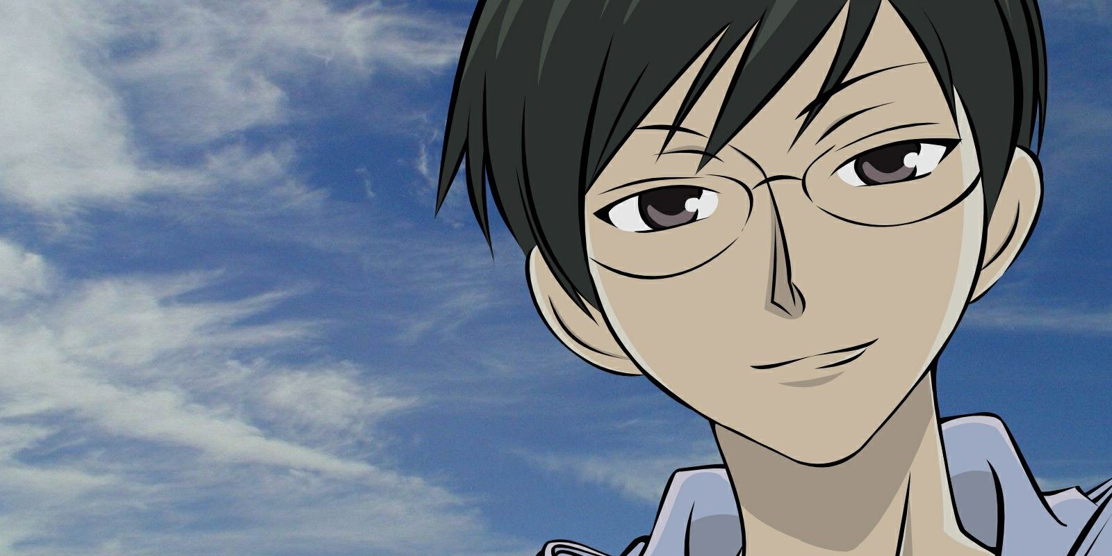 Kyoya from Ouran High School Host Club smiling in front of cloudy blue sky
