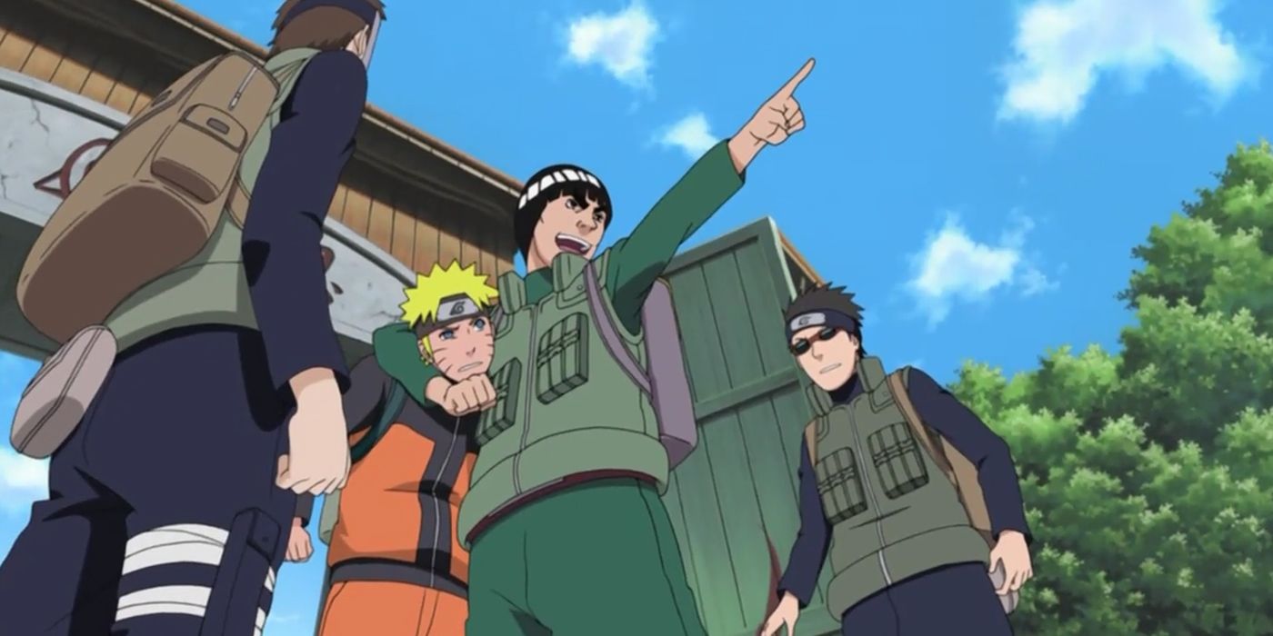 Might Guy pointing cheerfully and holding an irritated Naruto in a headlock