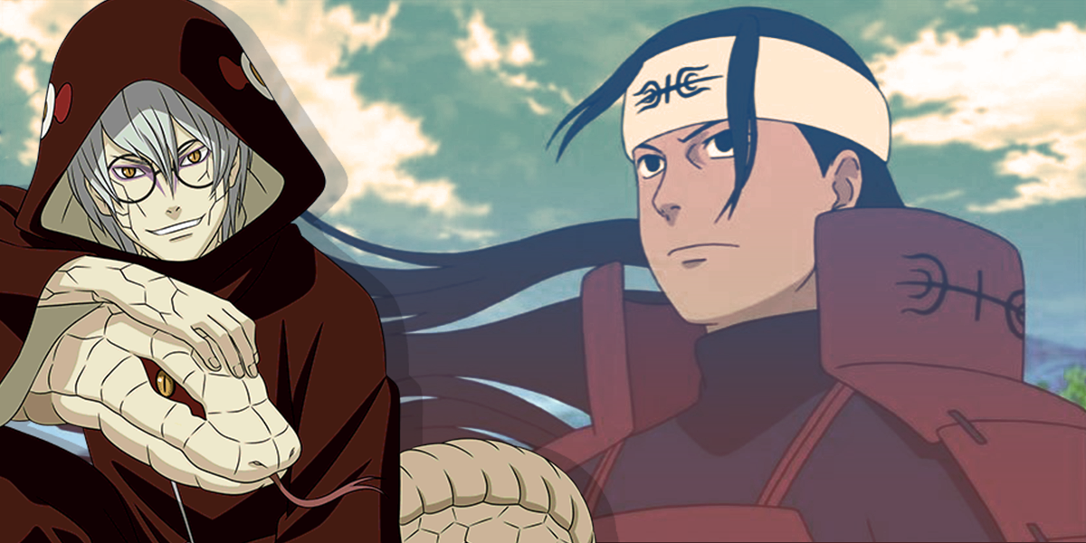 Kabuto in Sage Mode on the left with the wind blowing Hashirama Senju's hair on the right