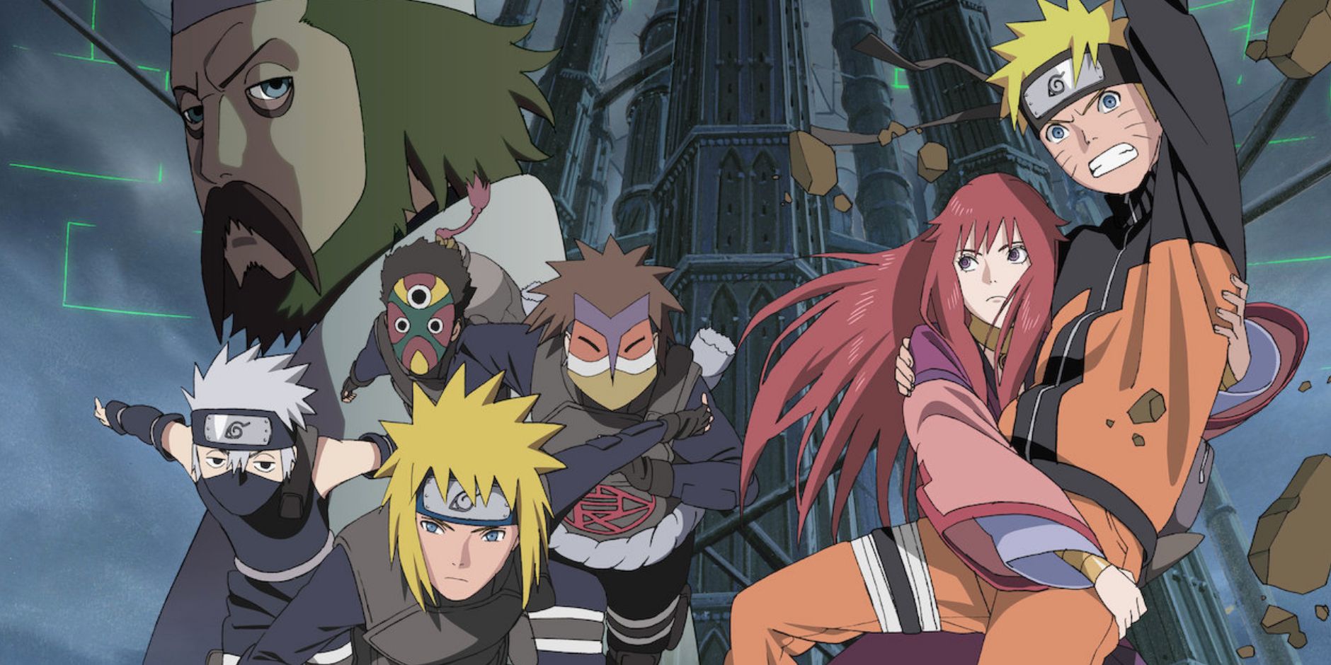 Cast of Naruto Shippuden: The Lost Tower featuring Naruto and Sara in the foreground with Kakashi and Minato with enemies in the back