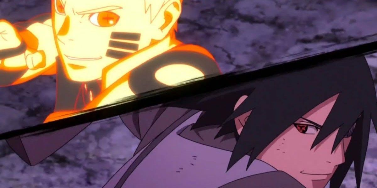 Naruto and Sasuke smiling versus Momoshiki in Boruto.