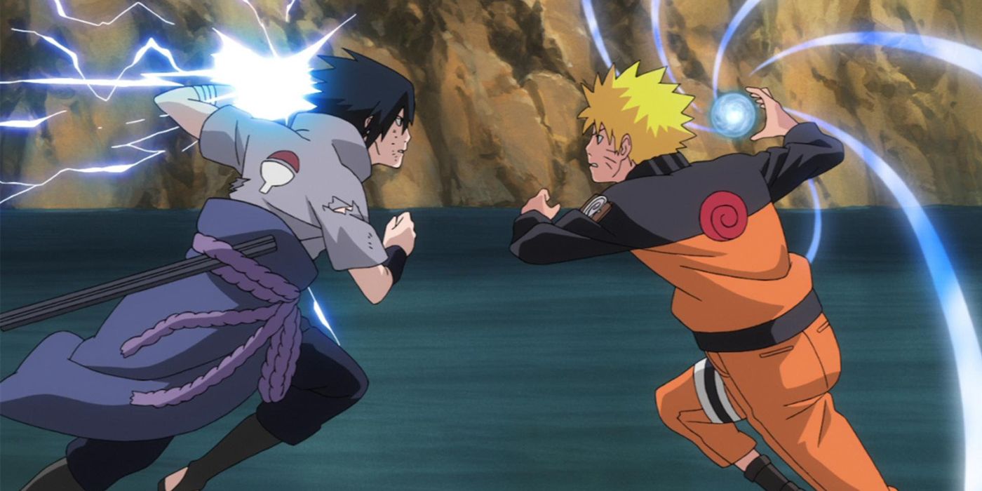 Image shows Naruto Uzumaki and Sasuke Uchiha fighting from Naruto Shippūden